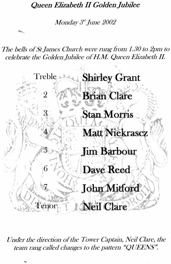 A board recording the ringing for the Queen's Golden Jubilee in 2002