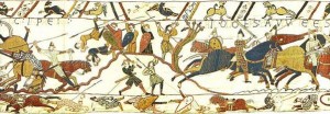 This section of the tapestry shows a scene from the middle of the Battle of Hastings and portrays Odo as being in the thick of it.. Men and