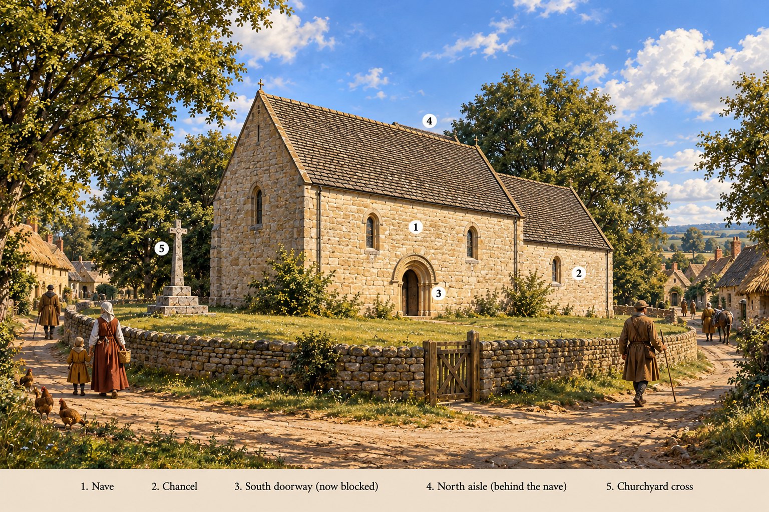 St James's church around 1200, when the Arsics held Somerton. The lower part of the nave may date from their time. Artist's impression created by AI f…